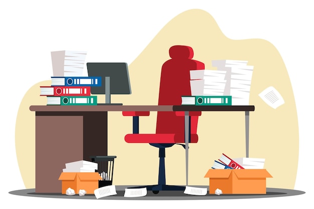 책상 안락의자에 있는 폴더 또는 상자 컴퓨터에 문서 더미가 있는 빈 사무실 공간 바쁜 날 마감 및 유능한 시간 관리