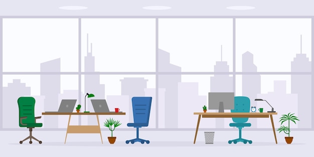 Empty office work place front view table desk chair computer desktop on skyscraper background