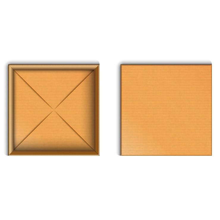 Vector empty open cardboard box mockup top view with cardboard cover isolated on white
