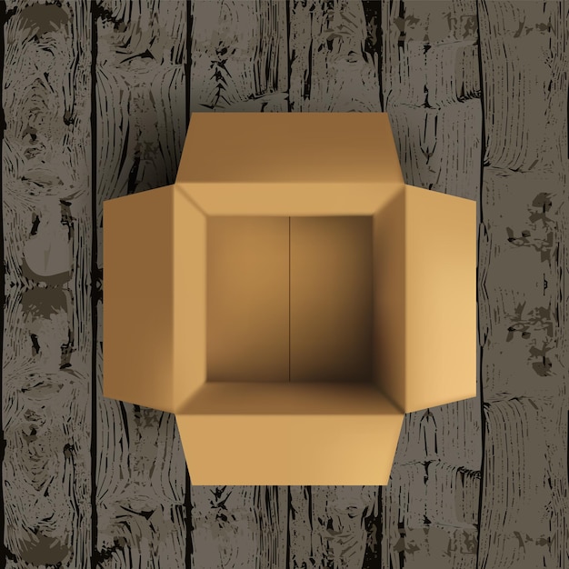 Vector empty open cardboard box on wooden floor