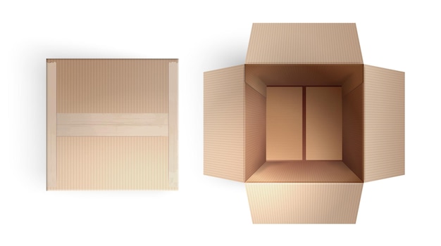 Vector empty opened and taped up closed delivery  cardboard box realistic top view isolated vector illustration