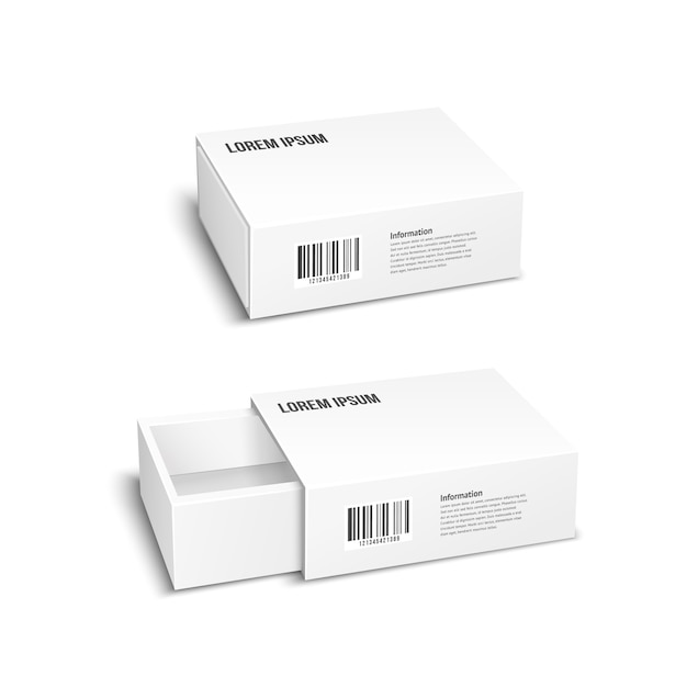 Vector empty package box. two white packaging boxes closed and open. vector illustration