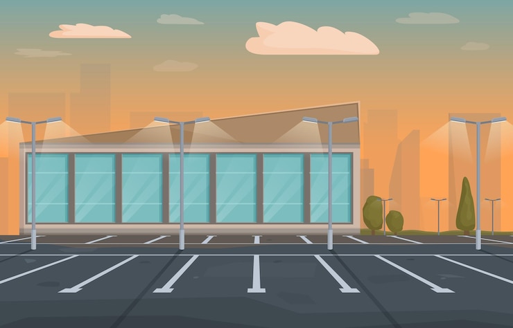 Vector empty parking lot in front of a shopping mall in the city vector illustration