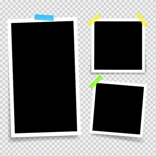 透明な粘着テープで接着された空のフォトフレーム垂直および水平の空白のフォトフレーム
