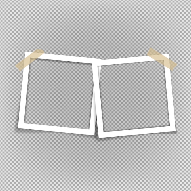 Empty photo frames with shadow effects A photo frame with tape of different colors and a paper clip Vintage photo frame for your photo Vector illustration in realistic style