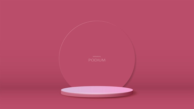 An empty pink and white podium with a glass circle in the room