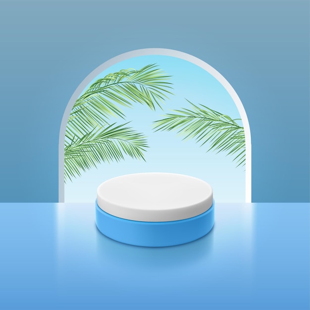 Empty platform of cylindrical shape on background of window arch with palm leaves outside window