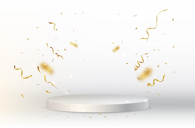 Vector empty podium background with gold confetti and light