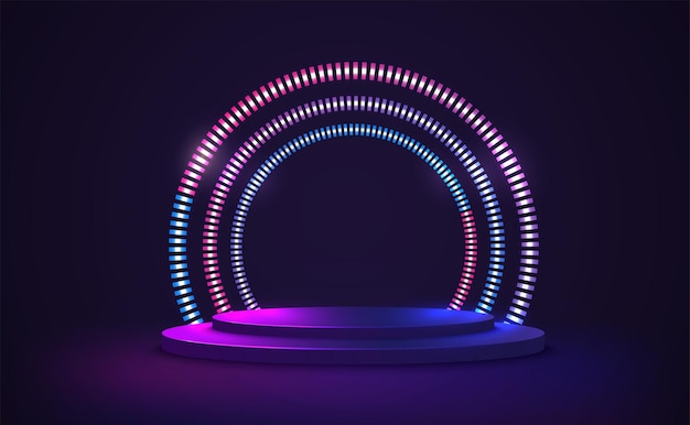 Пустая платформа подиума со светящимися неоновыми градиентными кольцами в футуристическом стиле сцена с геометрической сине-фиолетовой движущейся рамкой