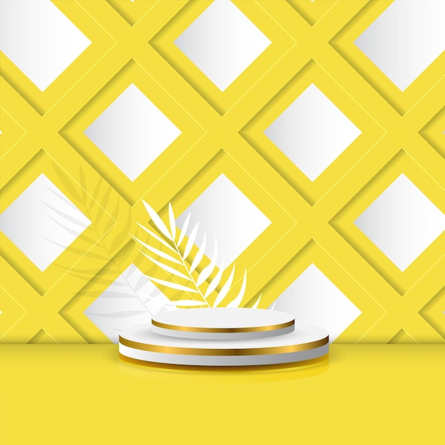 Vector empty podium stage for product display show or promotion with leaves in yellow background