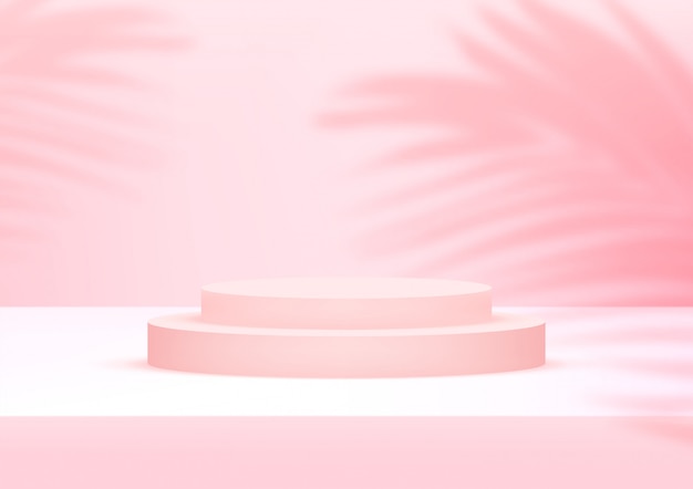 Empty podium studio pink background with palm leaves for product display.