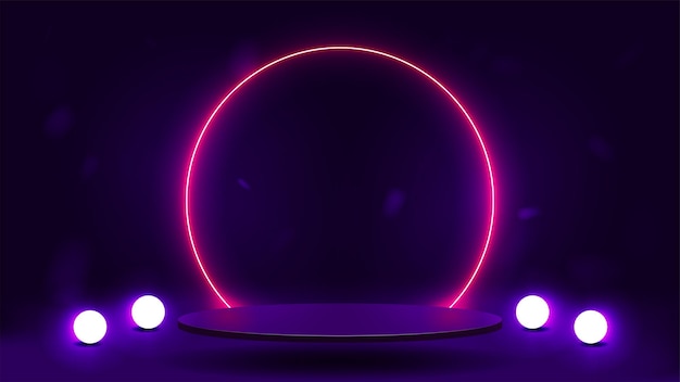 An empty podium with a bright pink neon round frame A platform with bright white glowing balls on a purple background