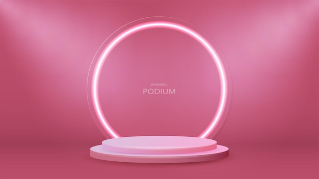 An empty podium with a bright shiny neon glass glossy arch on a pink background a twodimensional platform in the room