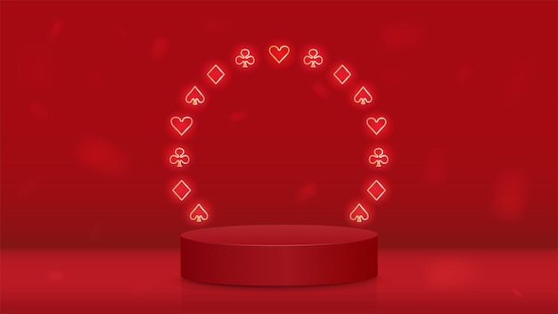 An empty podium with a frame of suits of cards for poker spades diamonds crosses and hearts A concept for a casino on a red background