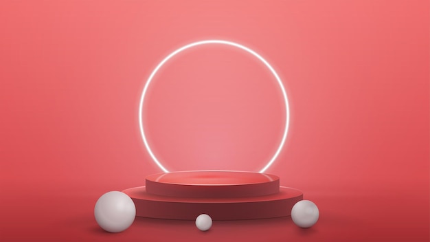 Empty podium with realistic spheres and neon ring on background with pink abstract scene with neon white ring