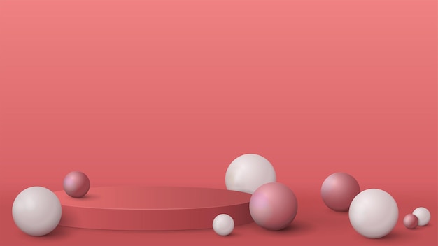 Empty podium with realistic spheres, realistic render with pink abstract scene