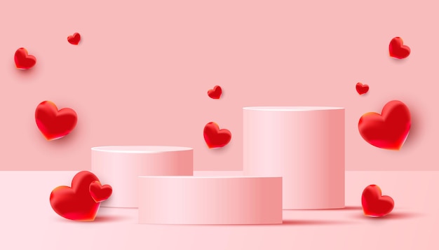 Empty podiums, pedestals or platforms with flying red love balloons on a pink background. minimal scene with geometrical forms for product presentation