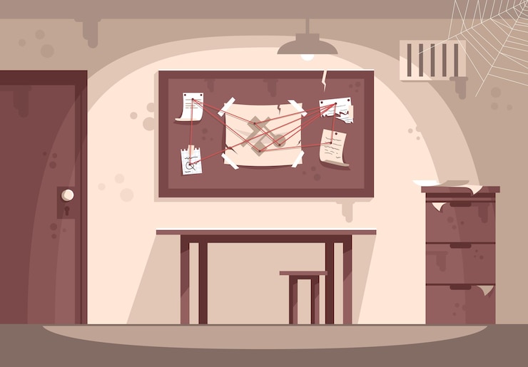 Vector empty police cabinet flat vector illustration. escape room interior. detective workplace, crime investigation, solving mysteries. quest room. modern entertainment, investigation game