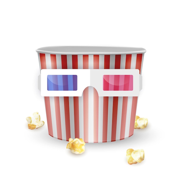 Empty popcorn bucket and  glasses on white background, realistic   illustration