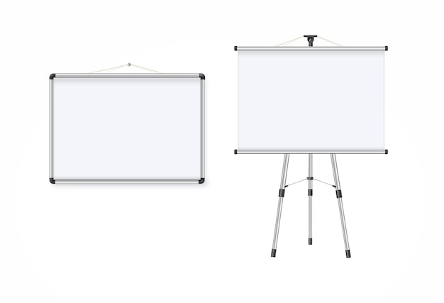Vettore scheda di presentazione vuota dello schermo di proiezione in stile realistico roll up orizzontale banner vuoto bianco