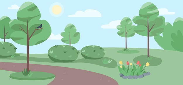 Illustrazione di colore piatto vuoto parco pubblico. bellissimo giardino 2d cartone animato paesaggio con alberi sullo sfondo. giornata di sole in un parco senza persone. luogo di relax, natura panoramica