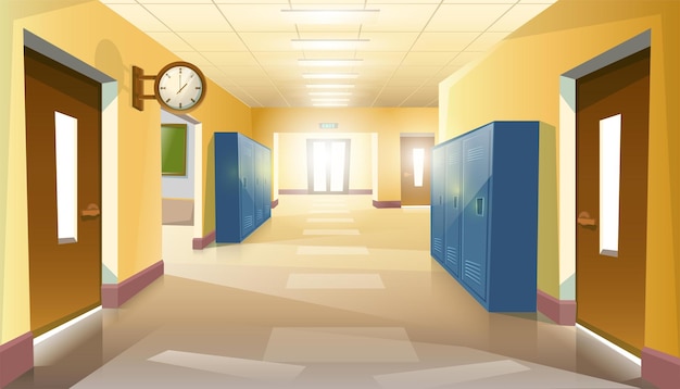 empty pupils school hallway with doors and clock on the wall.