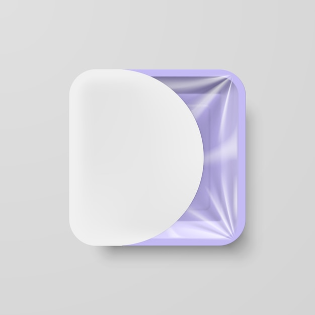 Empty Purple Plastic Food Square Container with White Label on Gray