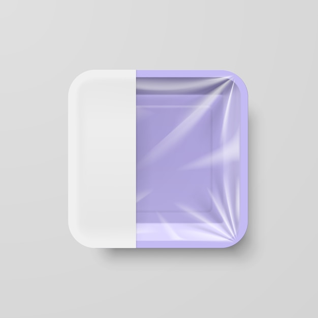 Empty Purple Plastic Food Square Container with White label