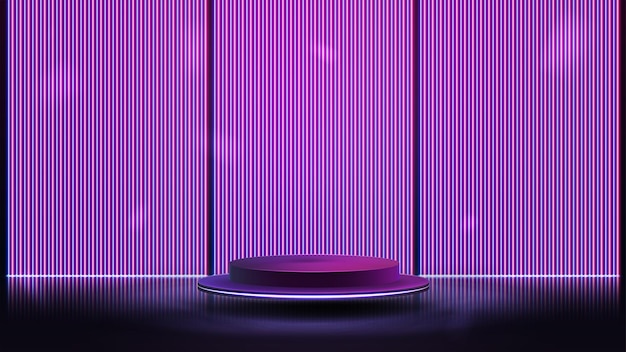 Empty purple podium floating in the air with line neon pink and blue wall on background