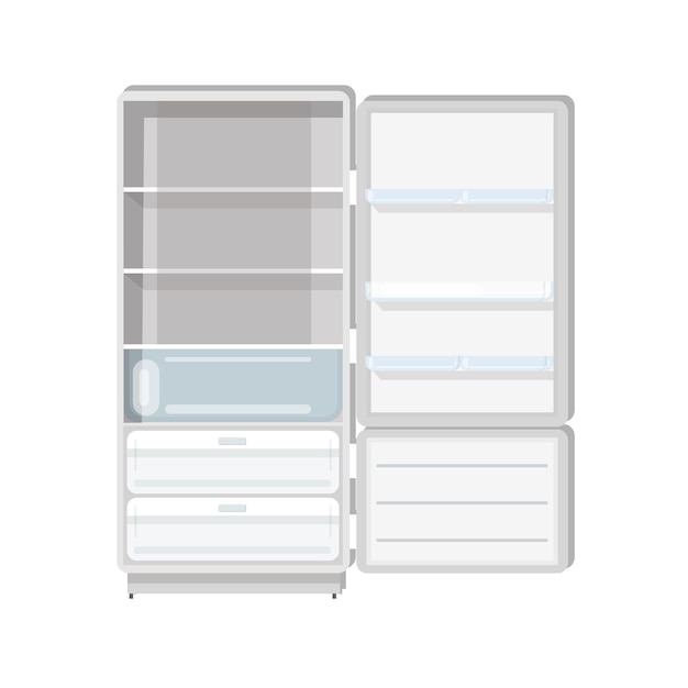 Empty refrigerator with opened door, shelves and trays on white.