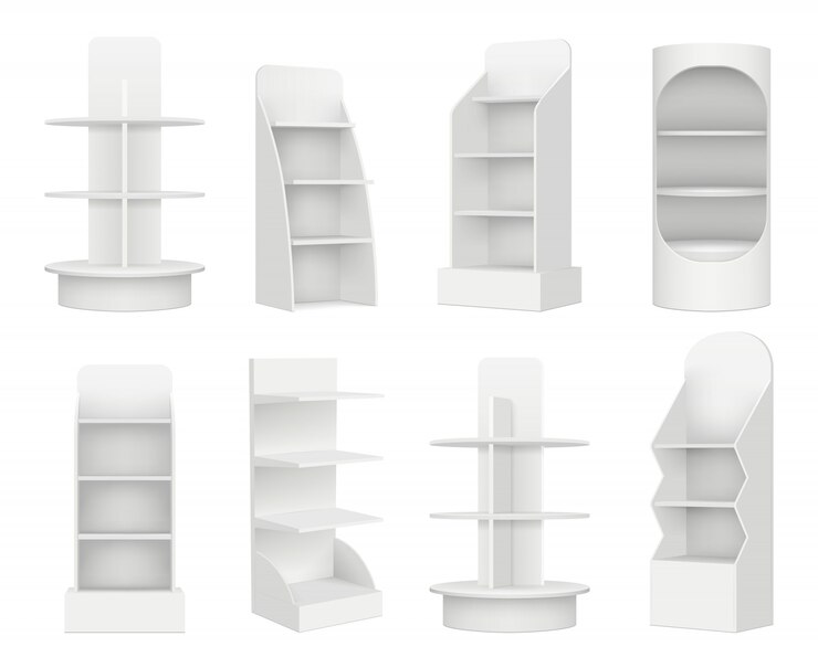 Vector empty retail shelves. bookstore supermarket stand for promotion merchandising marketing realistic  