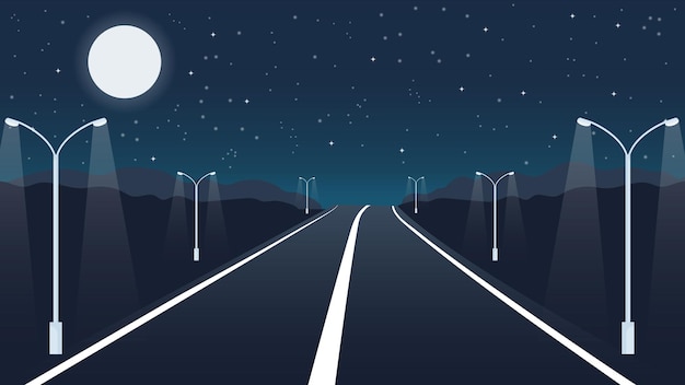Empty road at starry moonlit night flat vector illustration