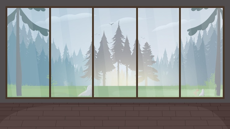 Vector empty room with a large panoramic window. the forest outside the window. vector.