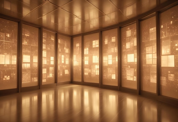 An empty room with large windows that display a grid of glowing squares resembling a digital