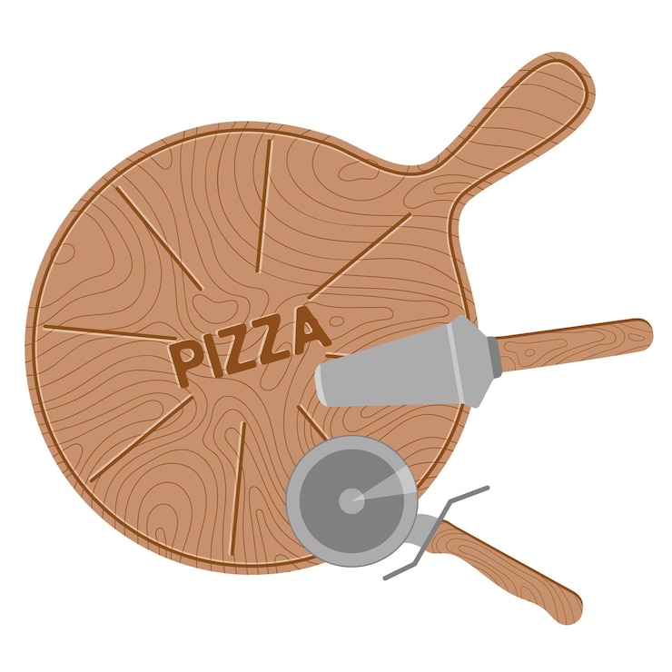 Vector empty round pizza board with handle pizza knife and spatula flat style
