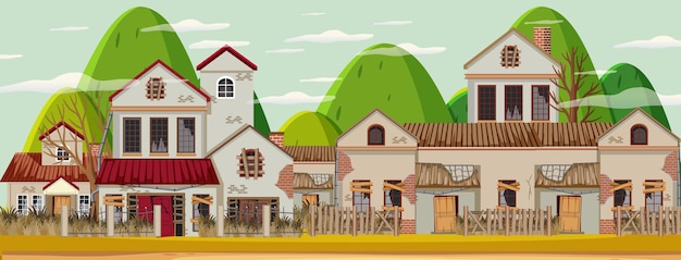 Vector empty rural town with broken houses