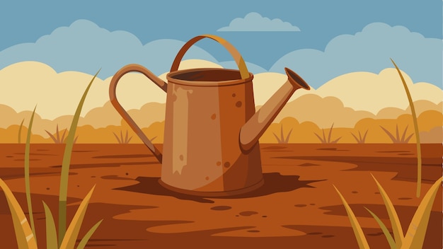 Vector an empty and rusted watering can lying in the middle of a driedup field no longer useful in reviving