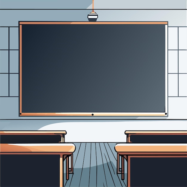 Empty school class room or Blank classroom scene with empty chalkboard doodle vector illustration