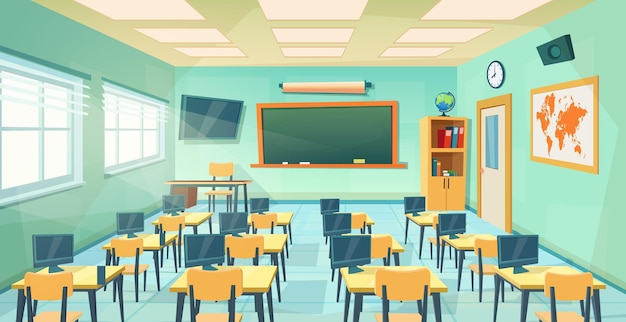 Vettore bordo interno vuoto della stanza della classe della scuola. cartone animato sfondo di educazione. concetto di educazione. sala corsi universitari o universitari con lavagna, tavolo, scrivanie, sedie. illustrazione vettoriale in uno stile piatto