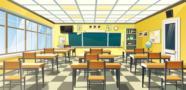 An empty school classroom interior with a chalkboard on the yellow wall and desks on checkered floor