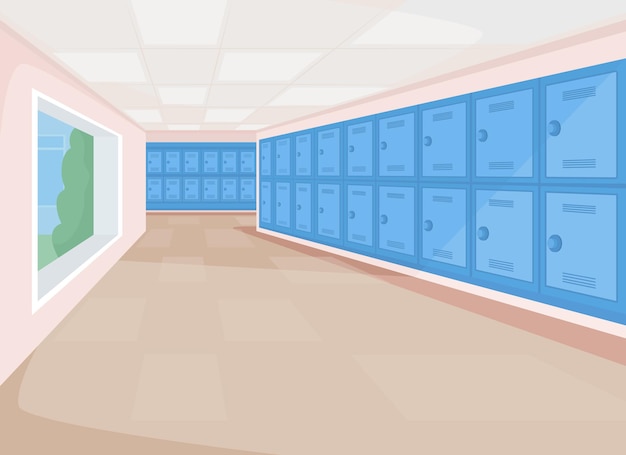 Vector empty school passageway flat color vector illustration. educational space, high school lobby. college hallway with no people 2d cartoon interior with private lockers row on background