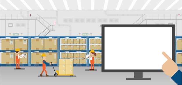 Vector empty screen monitor in warehouse with workers working flat design vector illustration