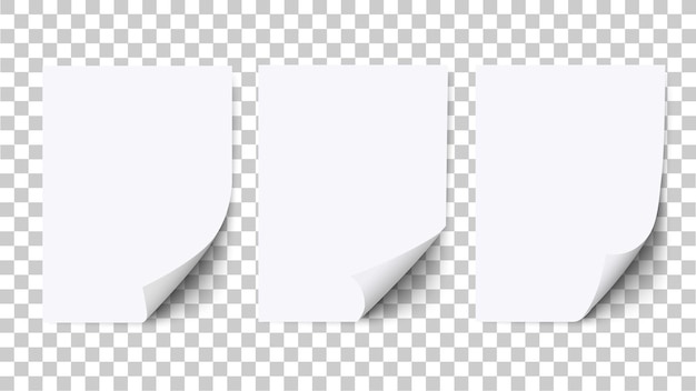 Пустой лист белой бумаги с загнутым уголком и тенью, бумажные макеты. реалистичный пустой изогнутый шаблон a4, изолированные на белом. векторный набор