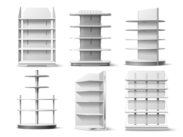 빈 선반 스탠드 현실적인 쇼핑 랙 다른 유형 판매 쇼케이스 슈퍼마켓 및 상점 3D 가구 제품 유통 장비 벡터 전시 랙 세트