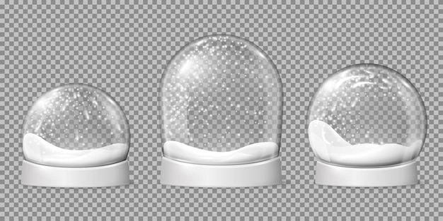 Empty snowballs. Snow globe, spherical shape glossy dome. Holiday bowl on base and snowflakes inside, christmas toys recent vector set