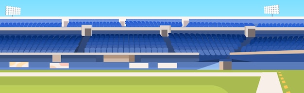 empty soccer stadium with green lawn and blue tribunes horizontal