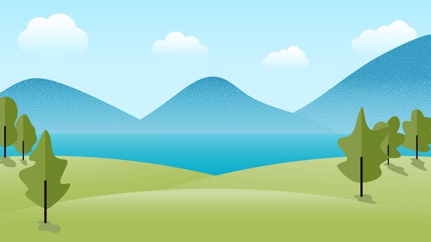 Vector empty space background landscape view of hills on the edge of the lake and rows of mountains in the