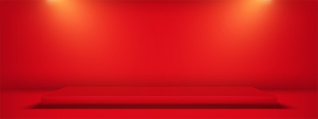 Piedistallo quadrato vuoto per espositori di prodotti con illuminazione su sfondo rosso per studio.