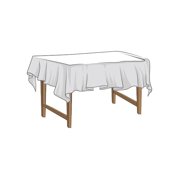 Vector empty square wooden table with tablecloth hand drawn vector illustration on a white background
