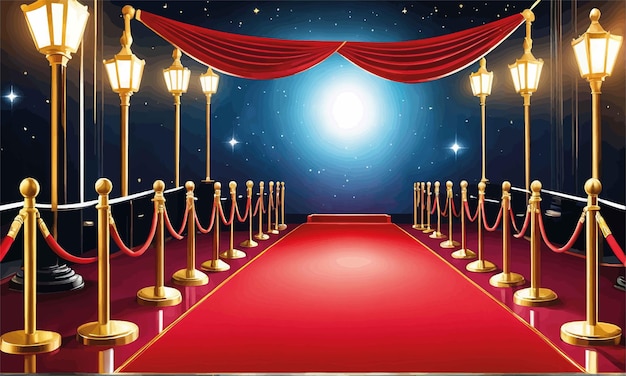 レッドシアターの式典用の空のステージレッドカーペットと金色のカーテン劇場のコンセプト